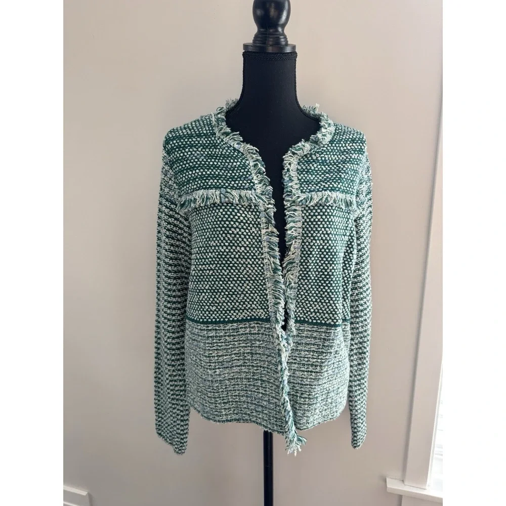 Chicos Structured Tweed Cardigan Blazer‎ size 1 Medium Blue Fringe Wool Blend